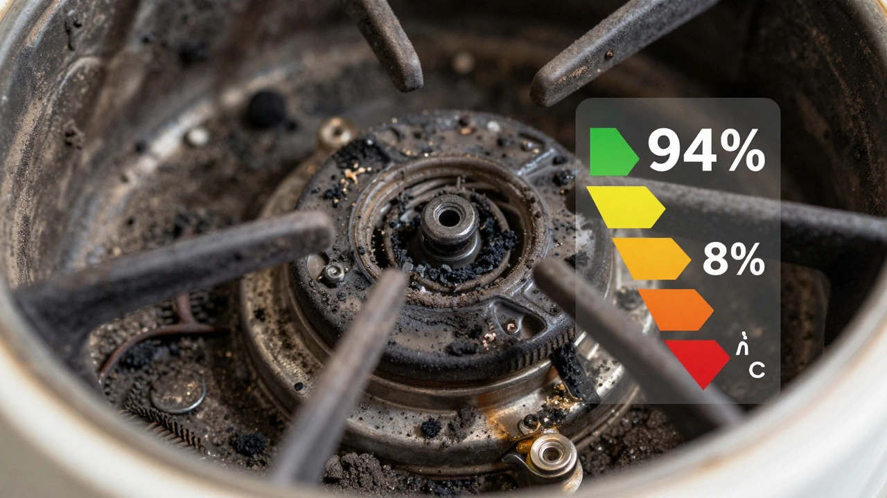 Macro view of soot-clogged boiler burners showing reduced efficiency and corrosion