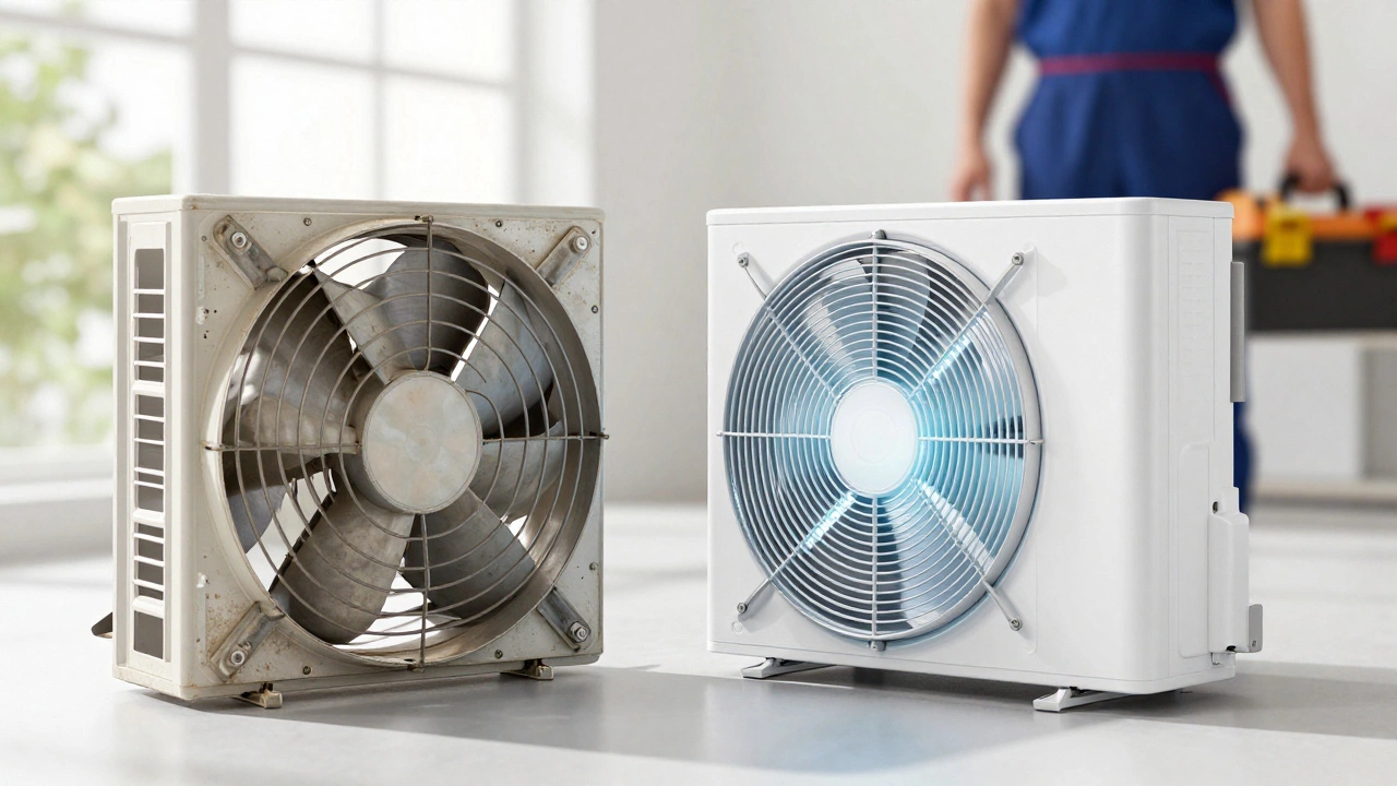 New modern extractor fan next to old broken unit during replacement
