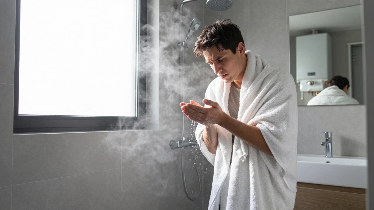 Person shivering under cold shower in modern bathroom