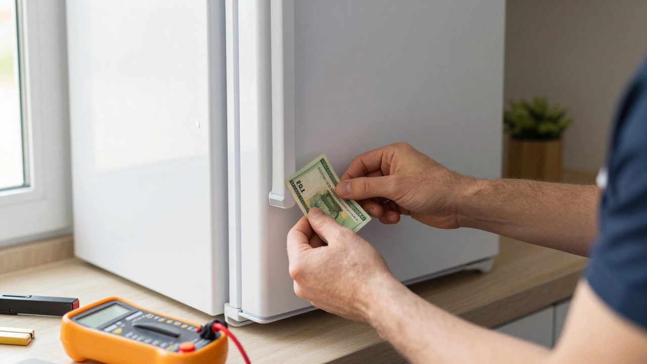 Person testing freezer door seal with a dollar bill
