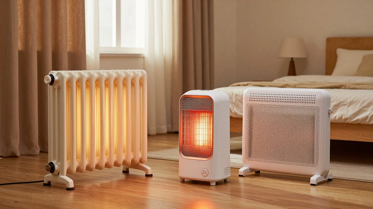 Safe electric space heaters glowing warmly in a cozy, insulated bedroom setting