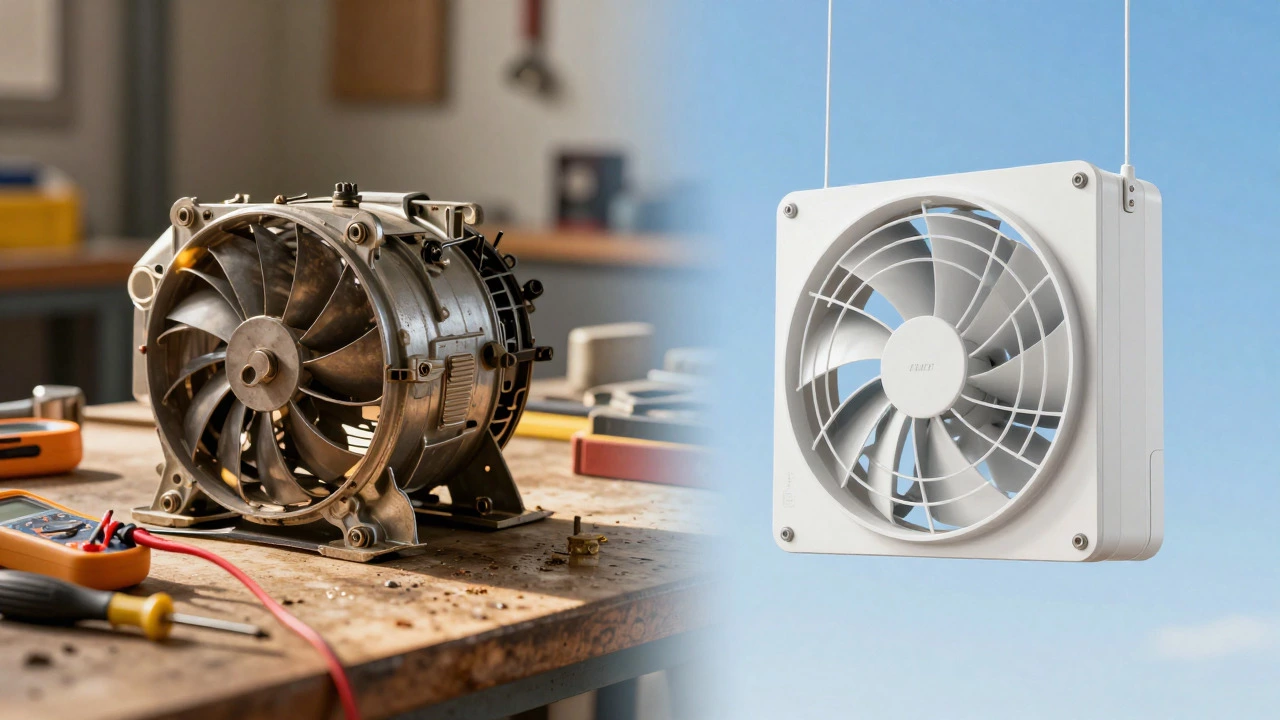 Split image showing fan motor repair parts versus a new unit