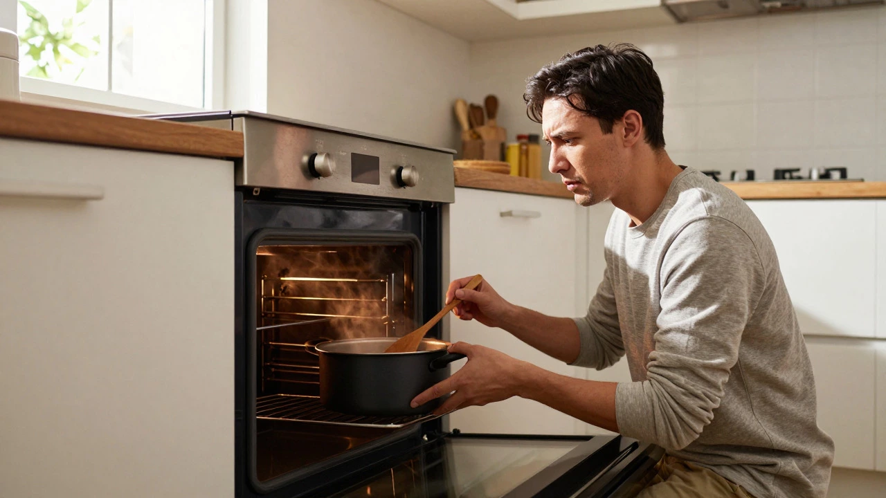 Cook checking an unheated oven element in a bright kitchen