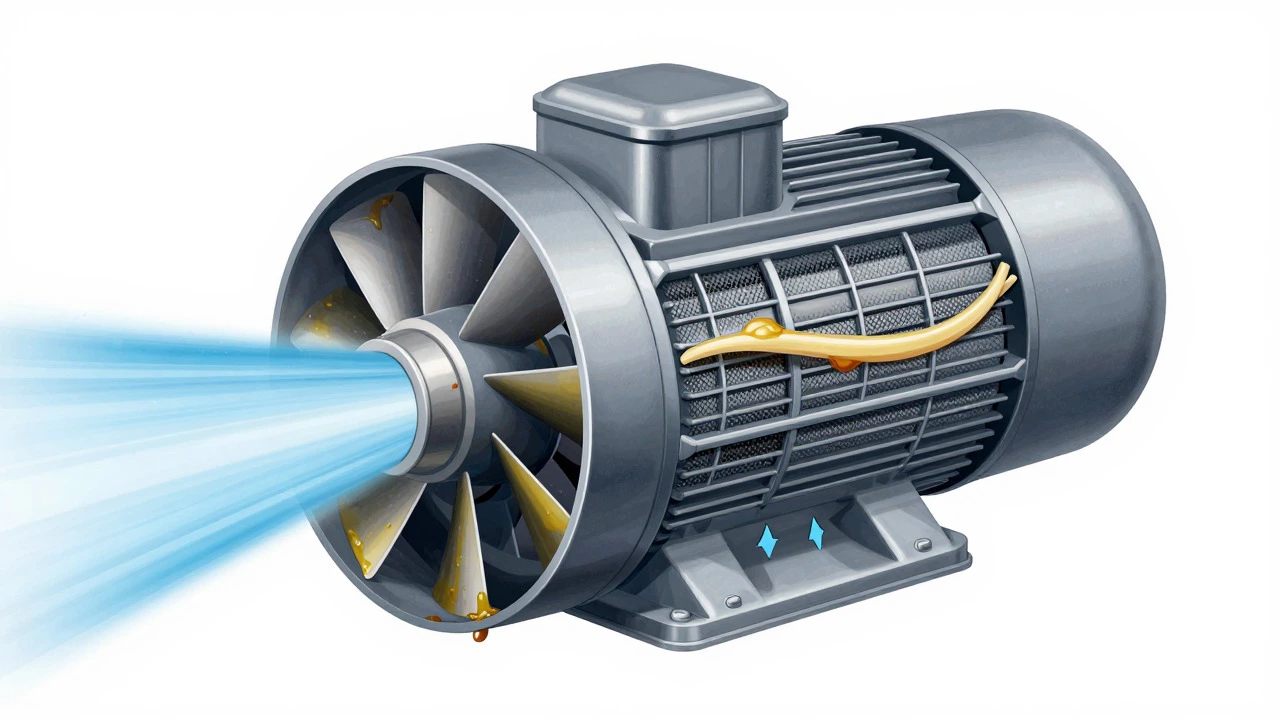 Cutaway diagram of extractor fan motor and greasy filters