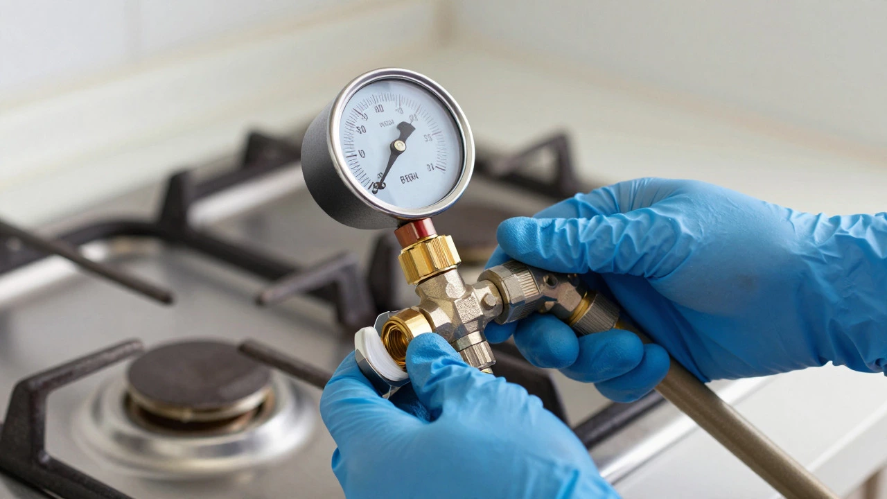 Engineer testing gas pressure on new hob with professional tools