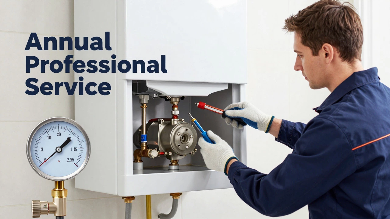 Gas engineer servicing a boiler with tools, checking pressure gauge.