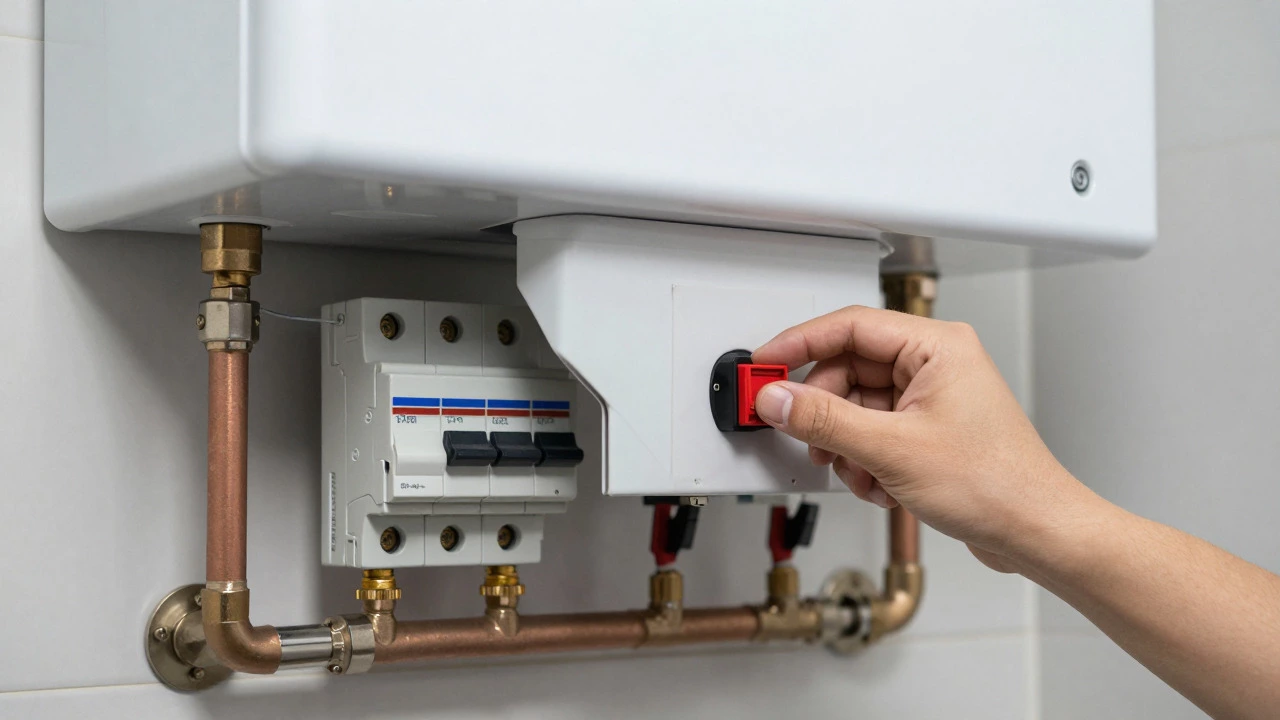 Hand checking the isolation switch on an electric water heater