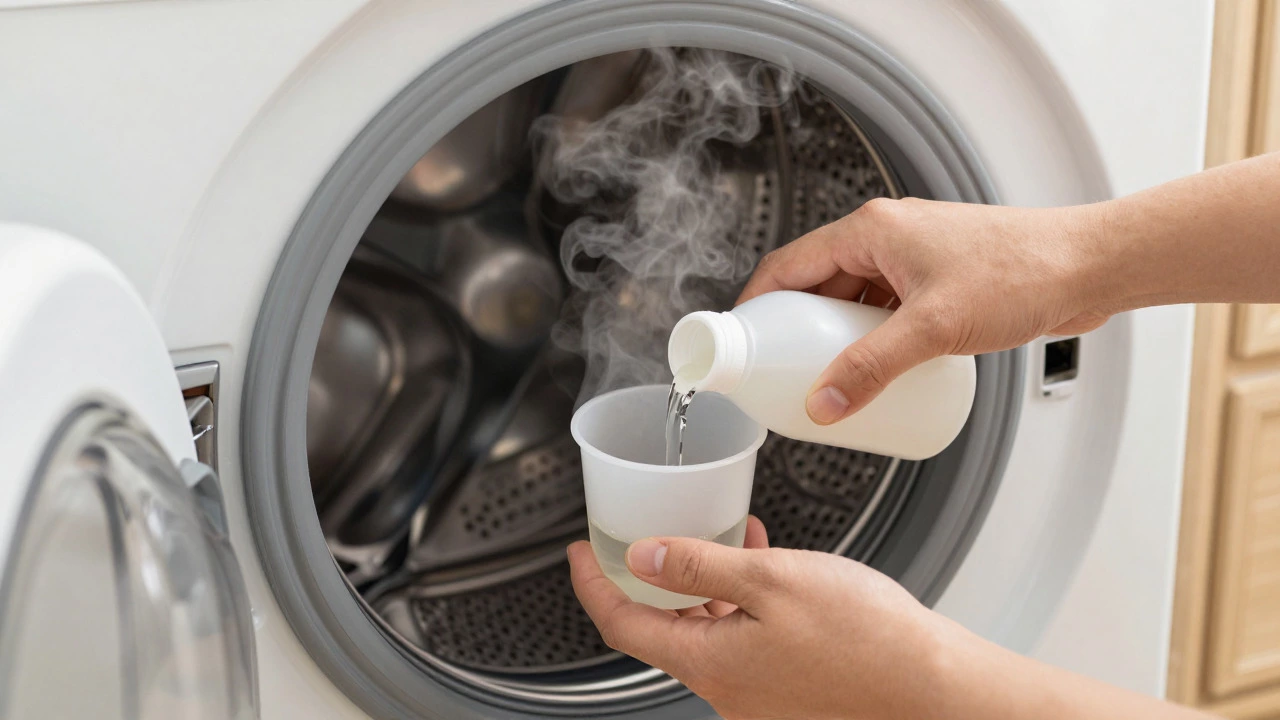Hand pouring vinegar into a washing machine detergent drawer during maintenance