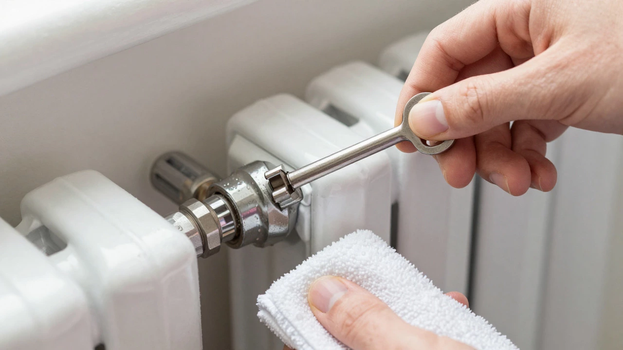 Hand using a radiator key to bleed air from a heating radiator valve.