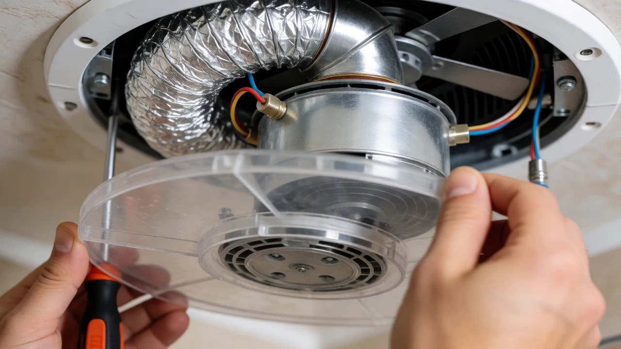 Hands removing cover from dusty ceiling extractor fan