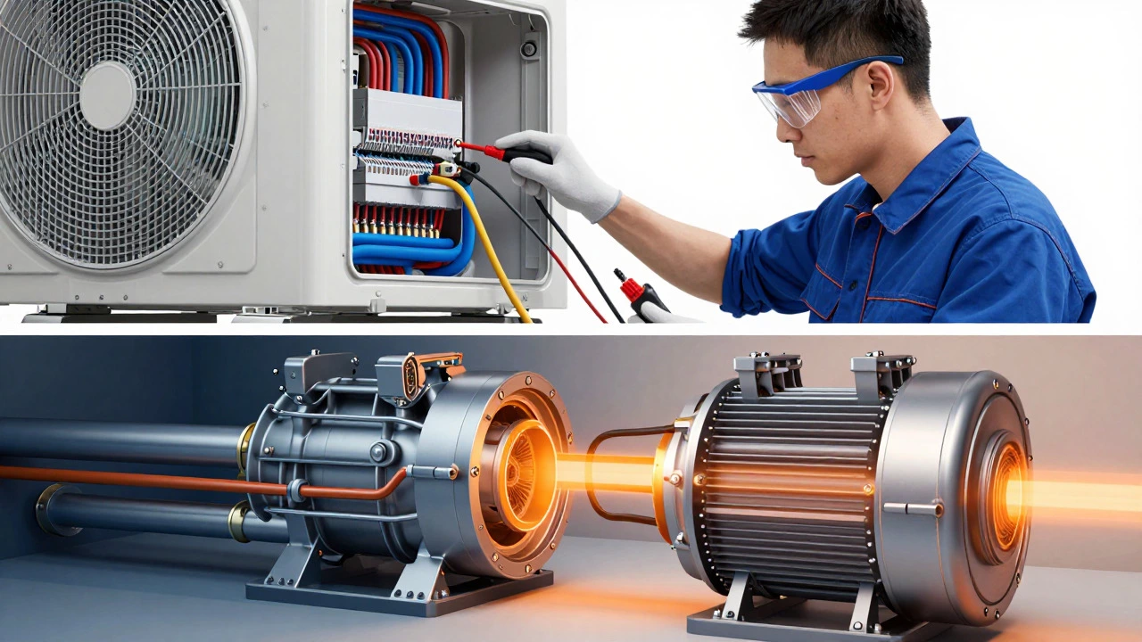 Illustration of a technician repairing internal heat pump electrical components