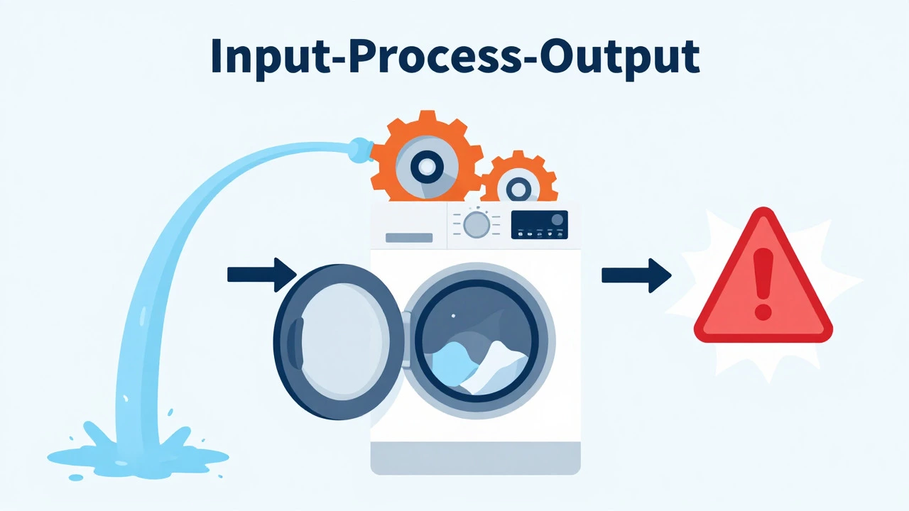 Illustration of washing machine input, process, and output flow