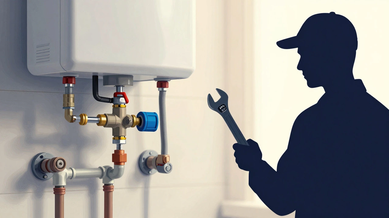 Illustration of water heater maintenance and a technician