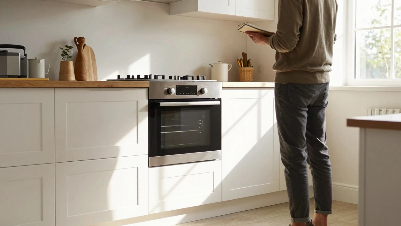 Newly installed electric oven in a bright, modern British kitchen interior.