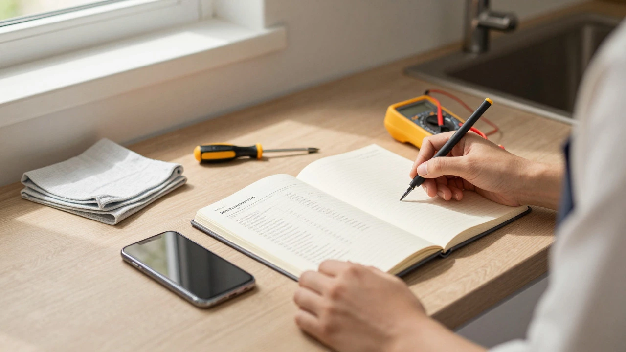 Notebook and tools on a kitchen counter for appliance maintenance