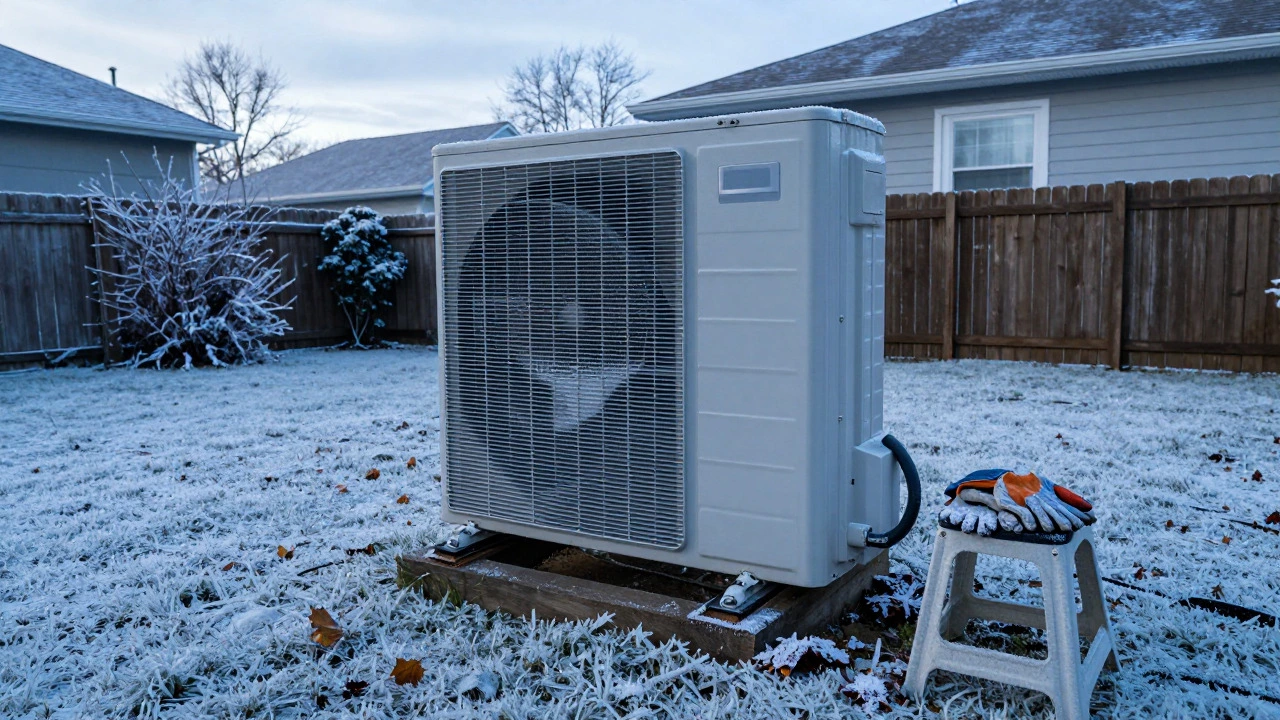 Outdoor heat pump unit covered in frost and debris in a winter garden