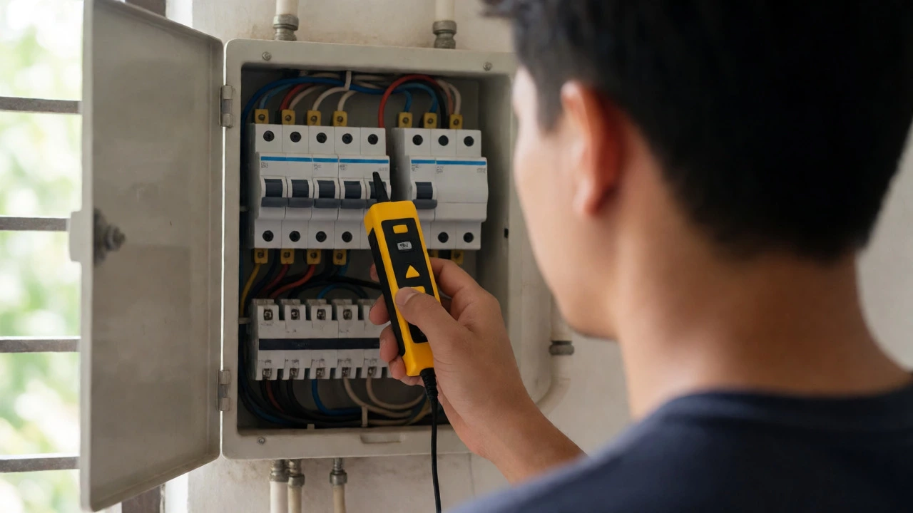 Person testing electrical breaker with voltage tester