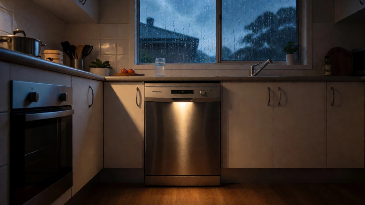 Reliable dishwasher running in a kitchen during a rainy storm