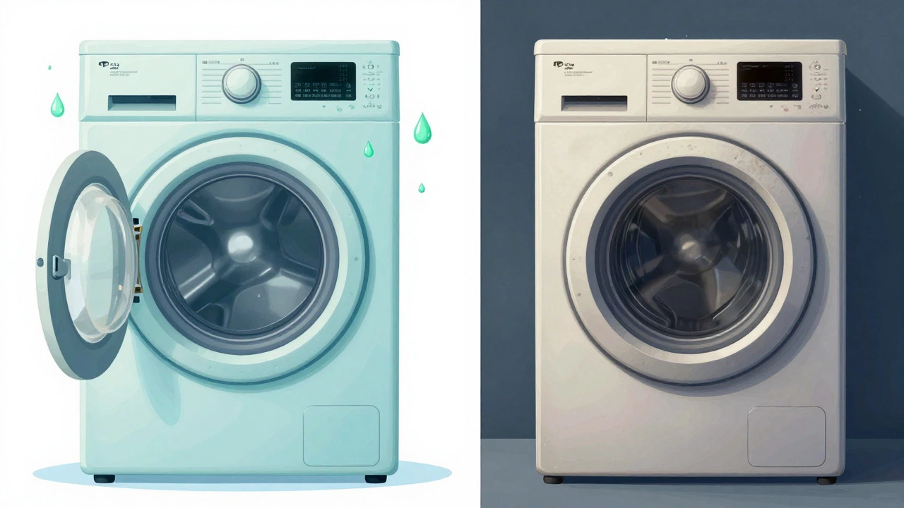 Split image comparing a healthy top-loader with a worn front-loader showing limescale