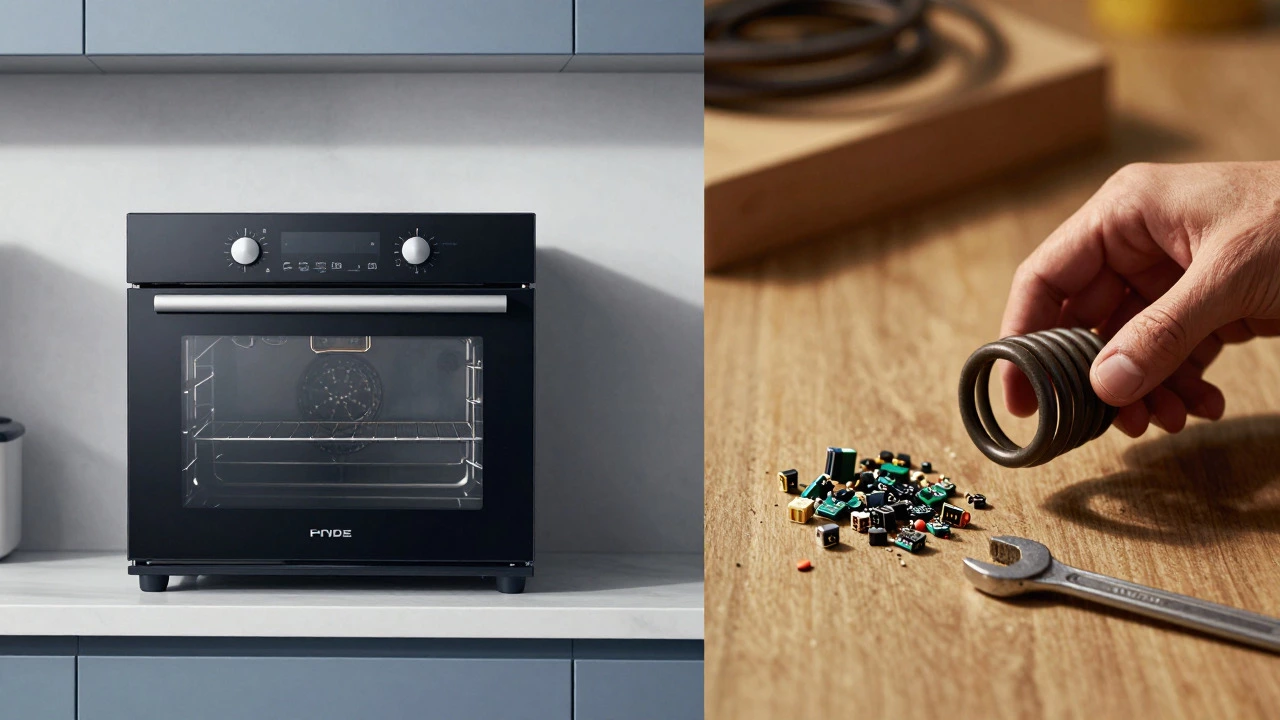 Split view comparing a new oven with repair parts and tools