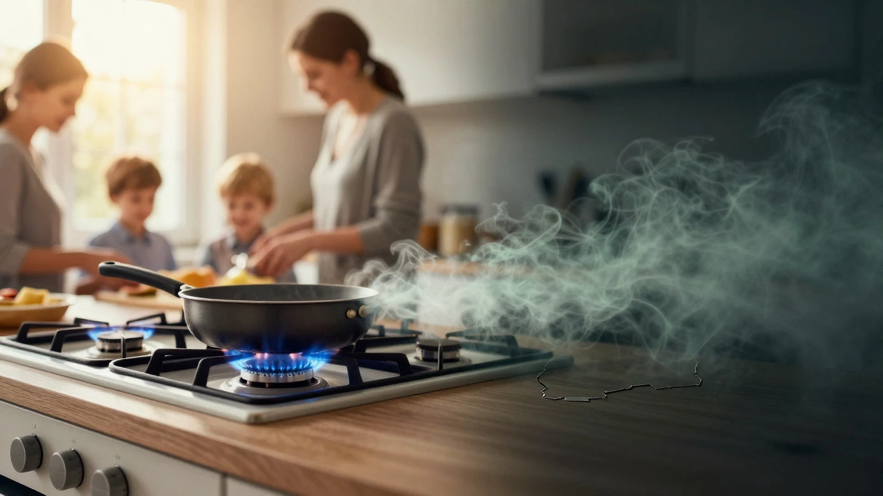 Split view showing safe cooking vs invisible gas leak danger