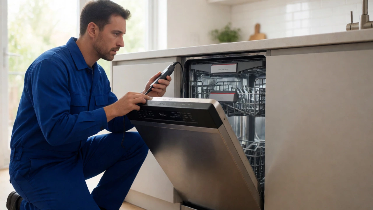 Technician diagnosing complex electronic fault in premium dishwasher