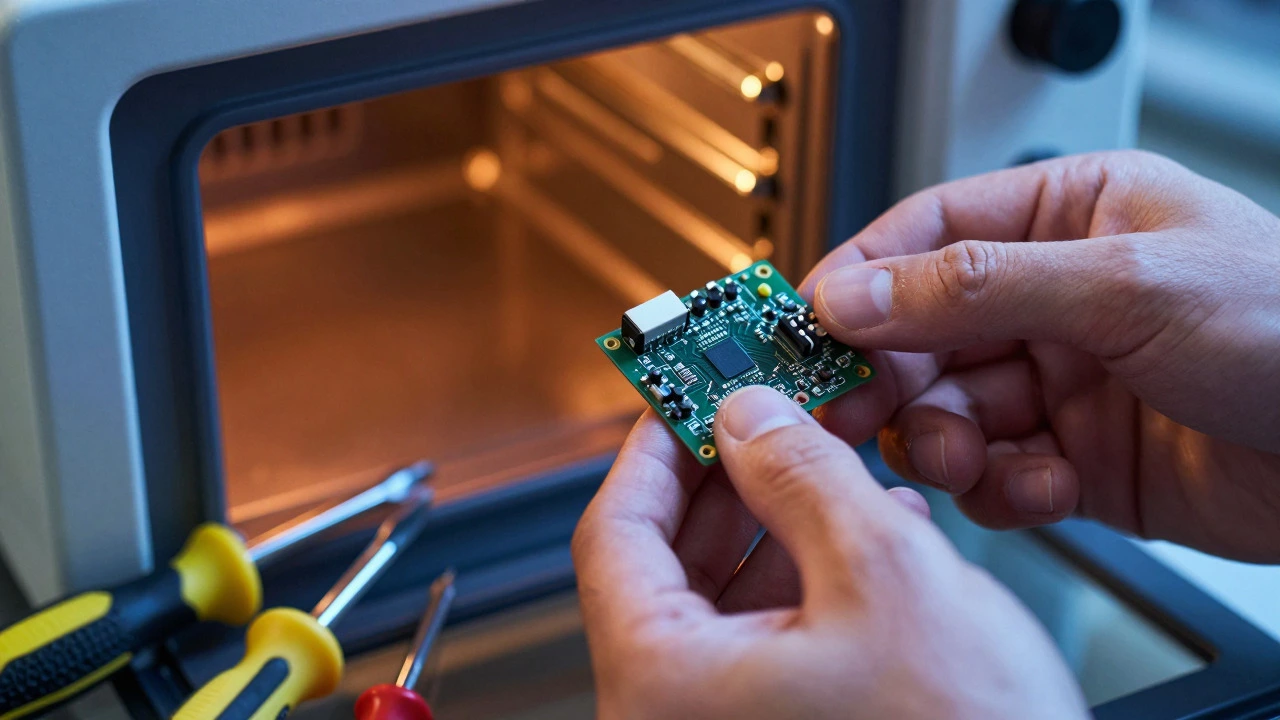 Technician inspecting internal electronic components of an oven