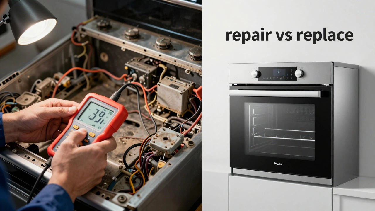 Technician inspecting old stove parts next to new oven