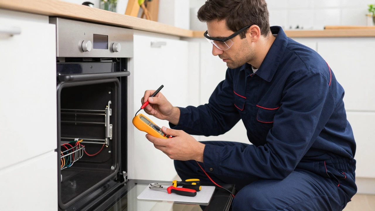 Technician using a multimeter to diagnose an oven's internal wiring