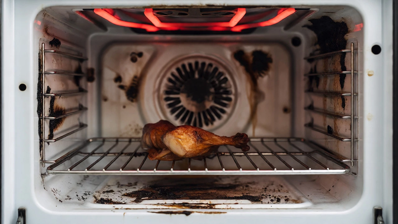 Burnt food and hardened grease inside a used electric oven