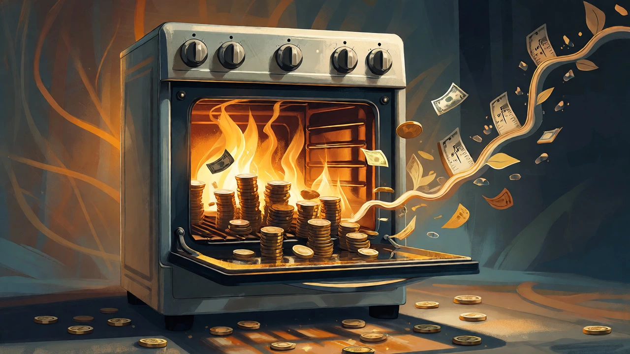 Conceptual art of an oven consuming money as energy waste