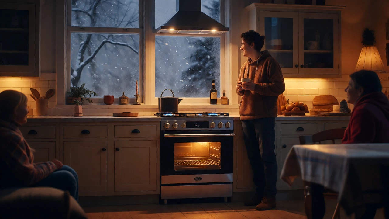 Family enjoying a warm winter evening with a new, efficient gas stove in a cozy kitchen.