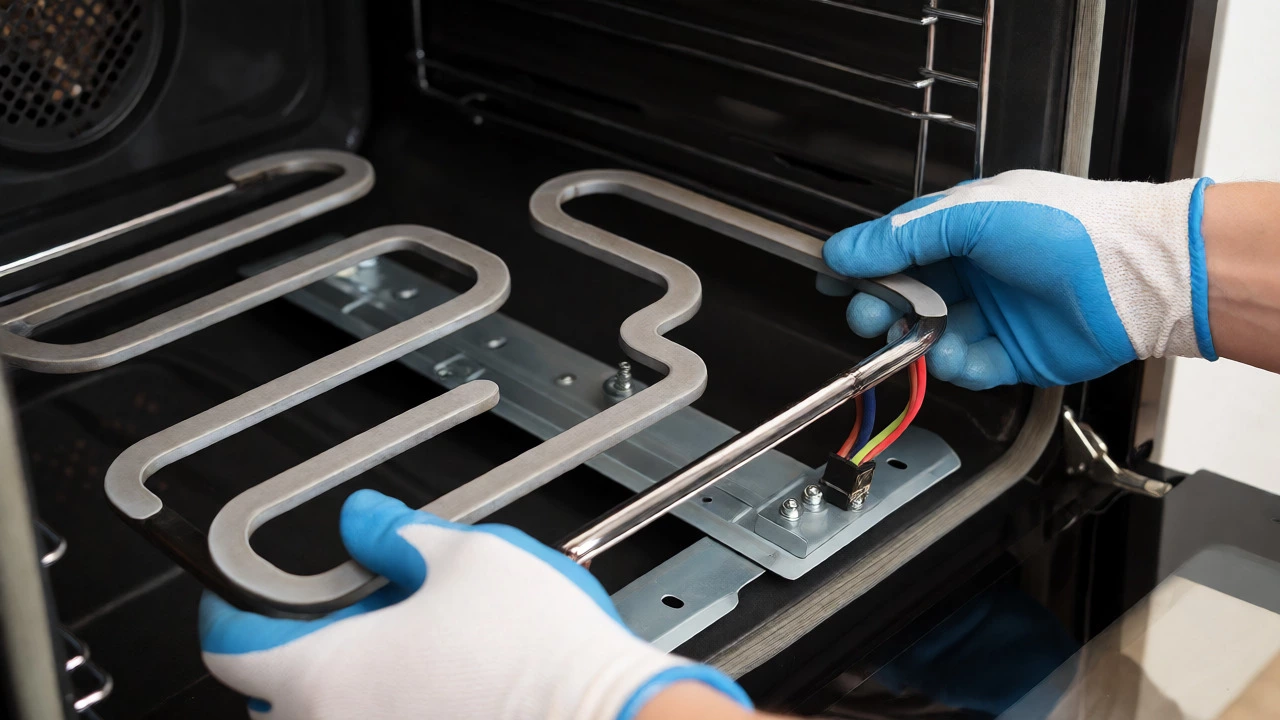 Hands installing a new shiny oven heating element into the appliance cavity.
