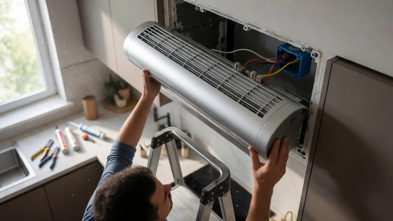 Hands wiring a new inline extractor fan during installation
