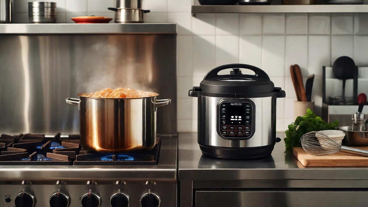 Idle pressure cooker beside a bubbling stockpot in a bright commercial kitchen setting.