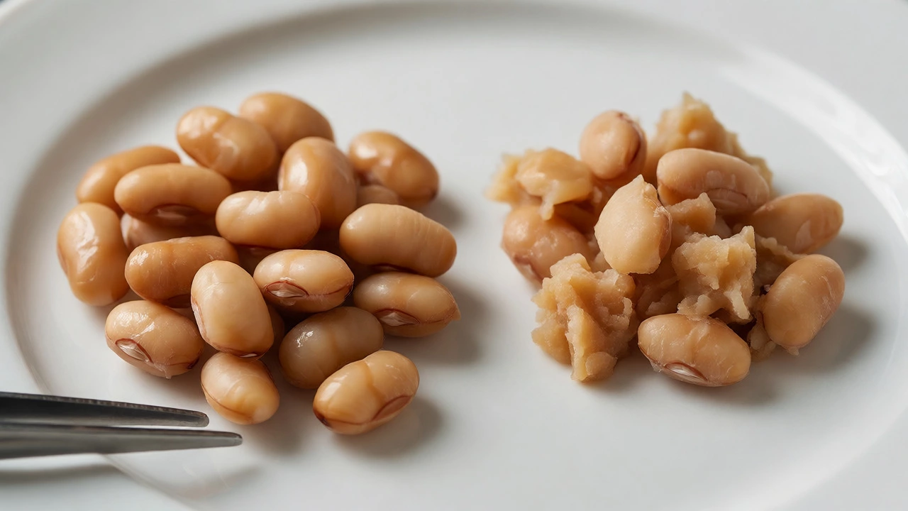 Macro comparison showing firm, intact beans next to mushy, overcooked beans on a plate.
