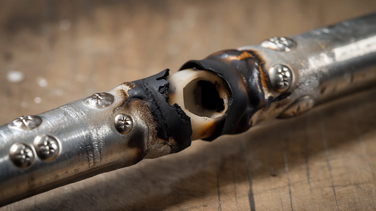 Macro shot of a burnt oven heating element showing blisters and holes.