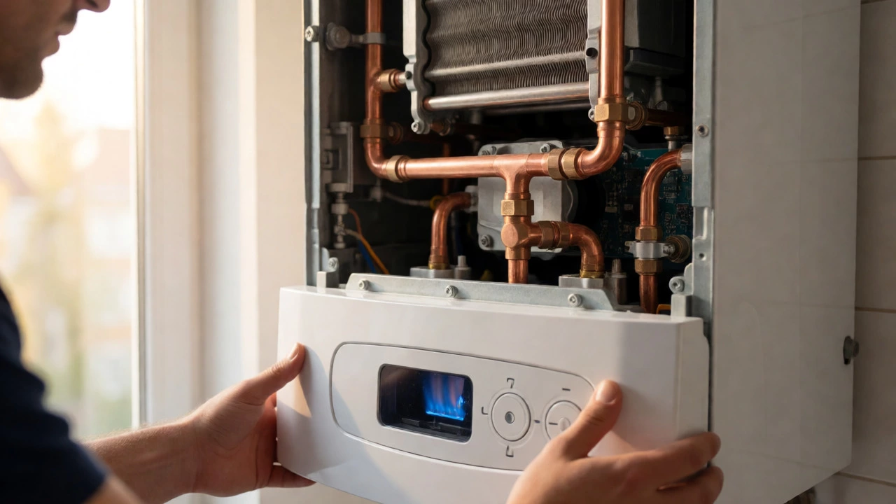 Professional engineer installing a new, efficient condensing boiler with clean copper piping.