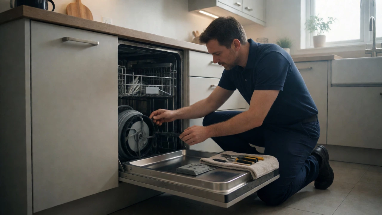 Repair technician inspecting dishwasher internals