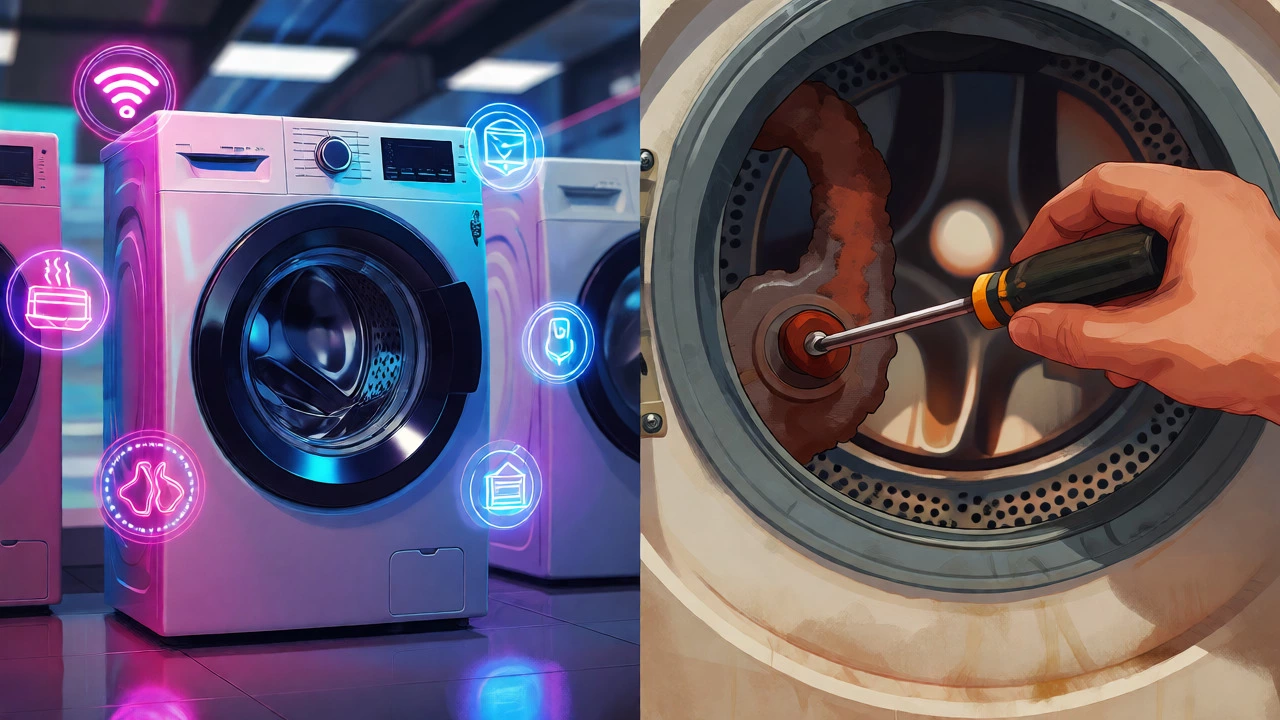 Split view showing a new smart washer versus an old one needing repairs.