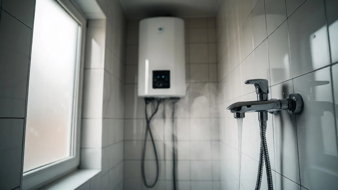 Steam rising from a shower tap next to an electric hot water tank