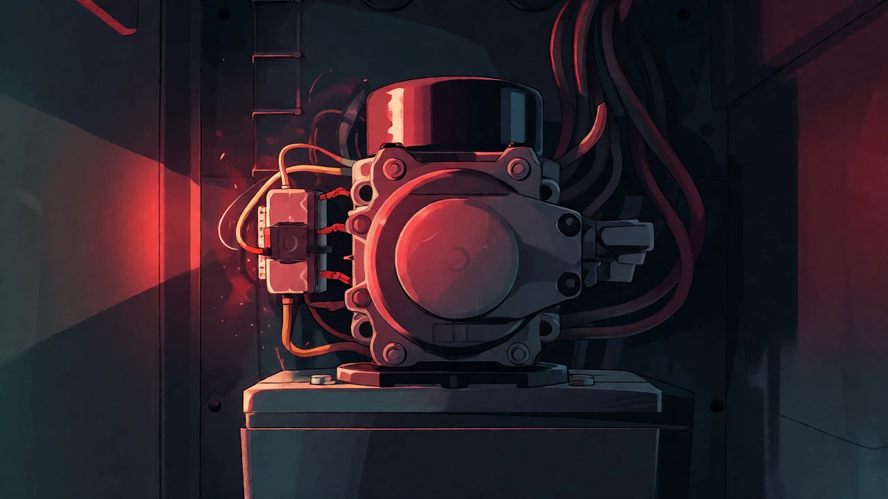 Stressed refrigerator compressor glowing red with faulty relay