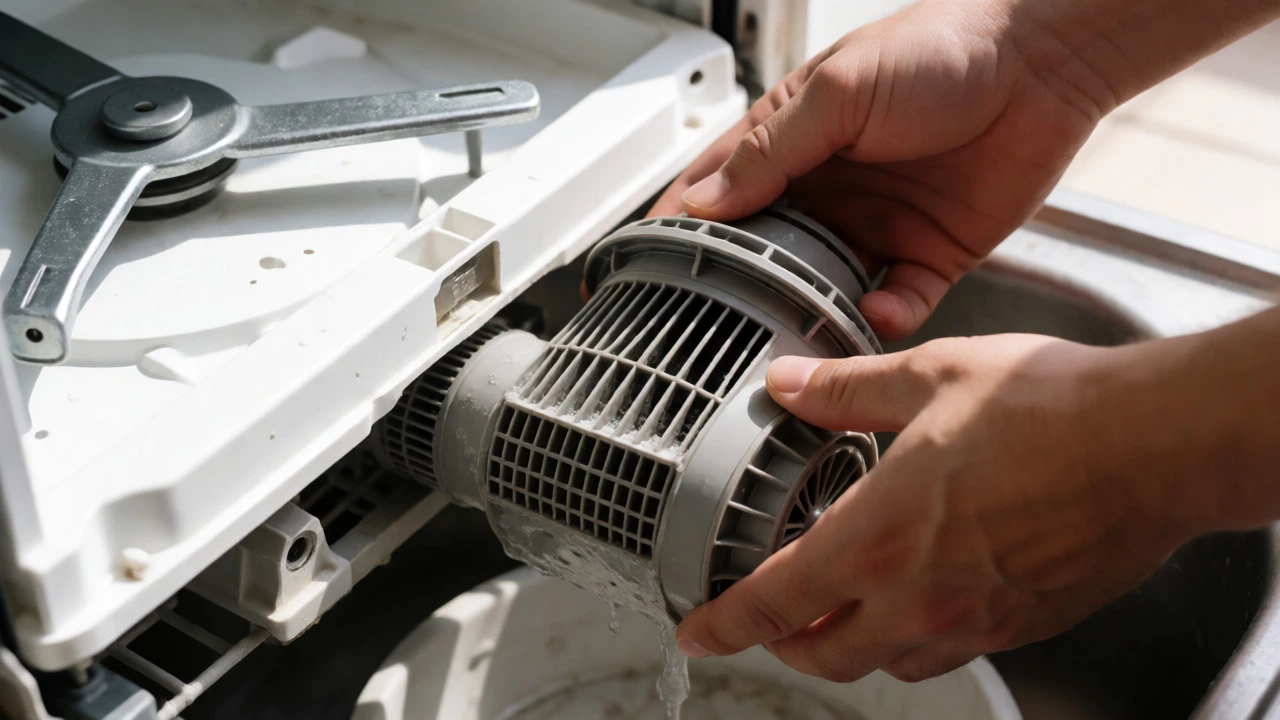 Technician cleaning clogged dishwasher filter