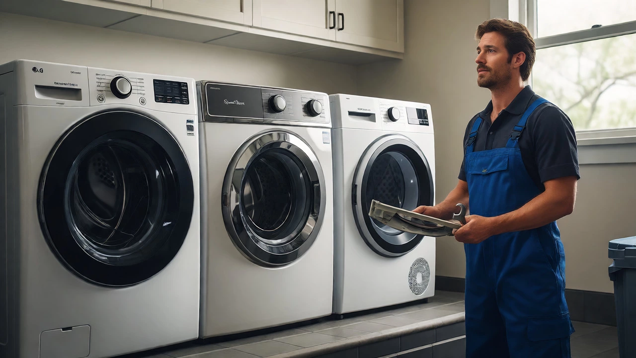 Technician comparing different washing machine models in a laundry room.
