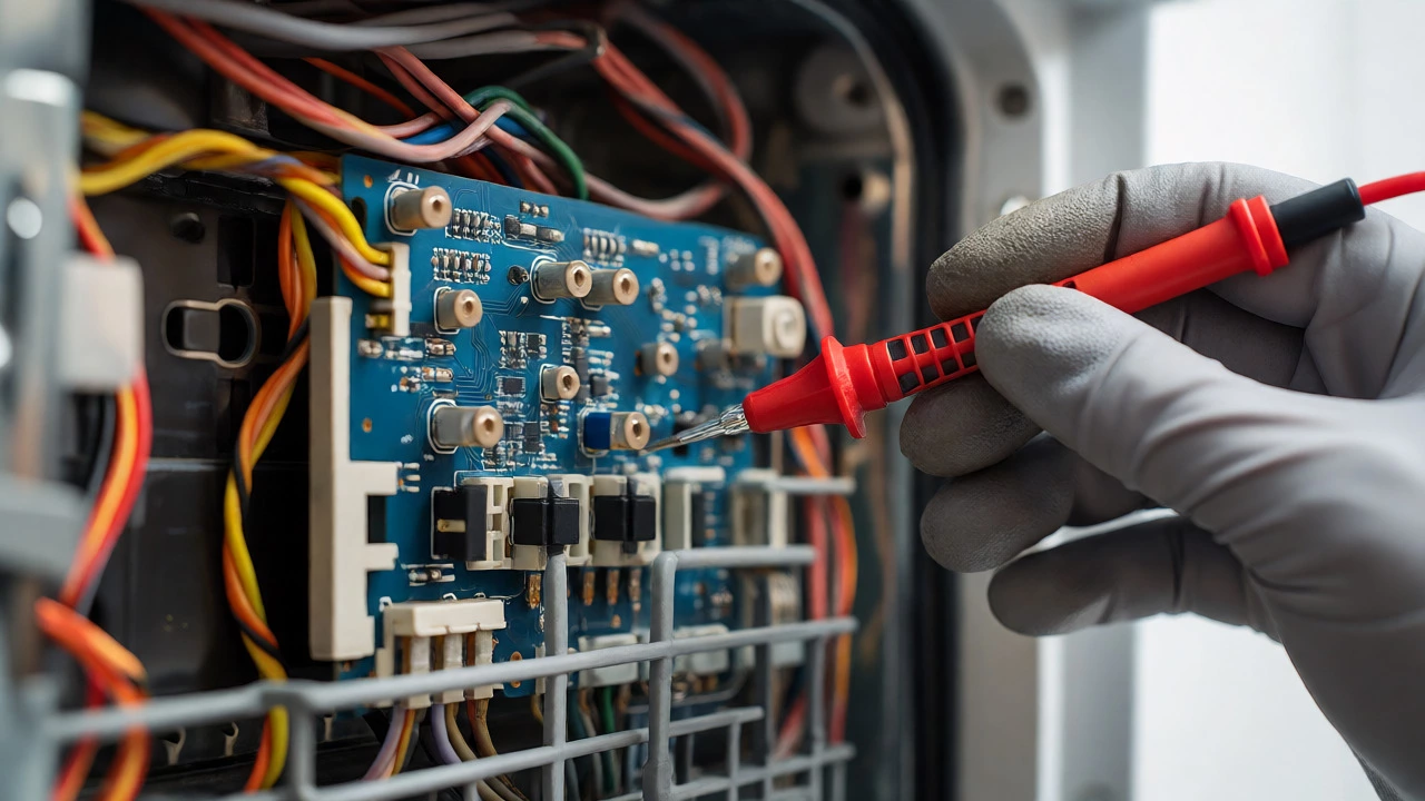 Technician inspecting dishwasher control board with tools