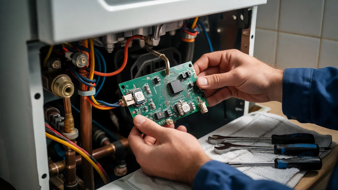 Technician replacing a PCB component inside an open boiler