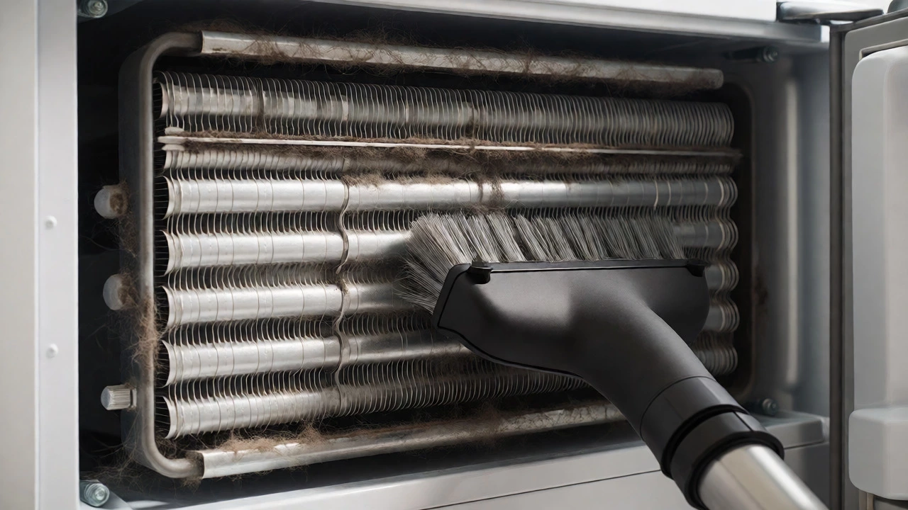 Vacuum cleaning dusty condenser coils at the back of a fridge