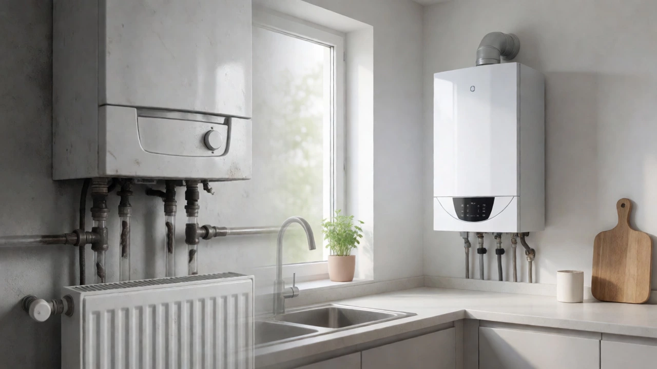 Visual comparison between an old, sludged heating system and a modern, clean boiler installation.