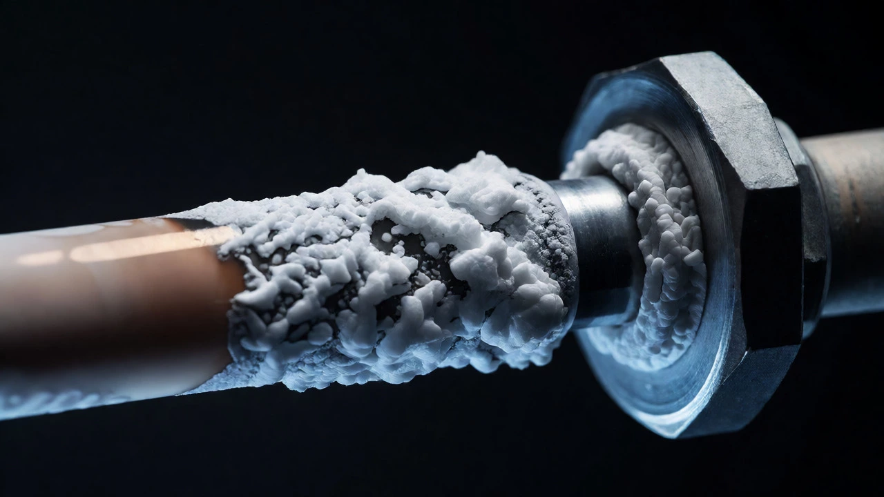 Close-up of heating element covered in white mineral scale