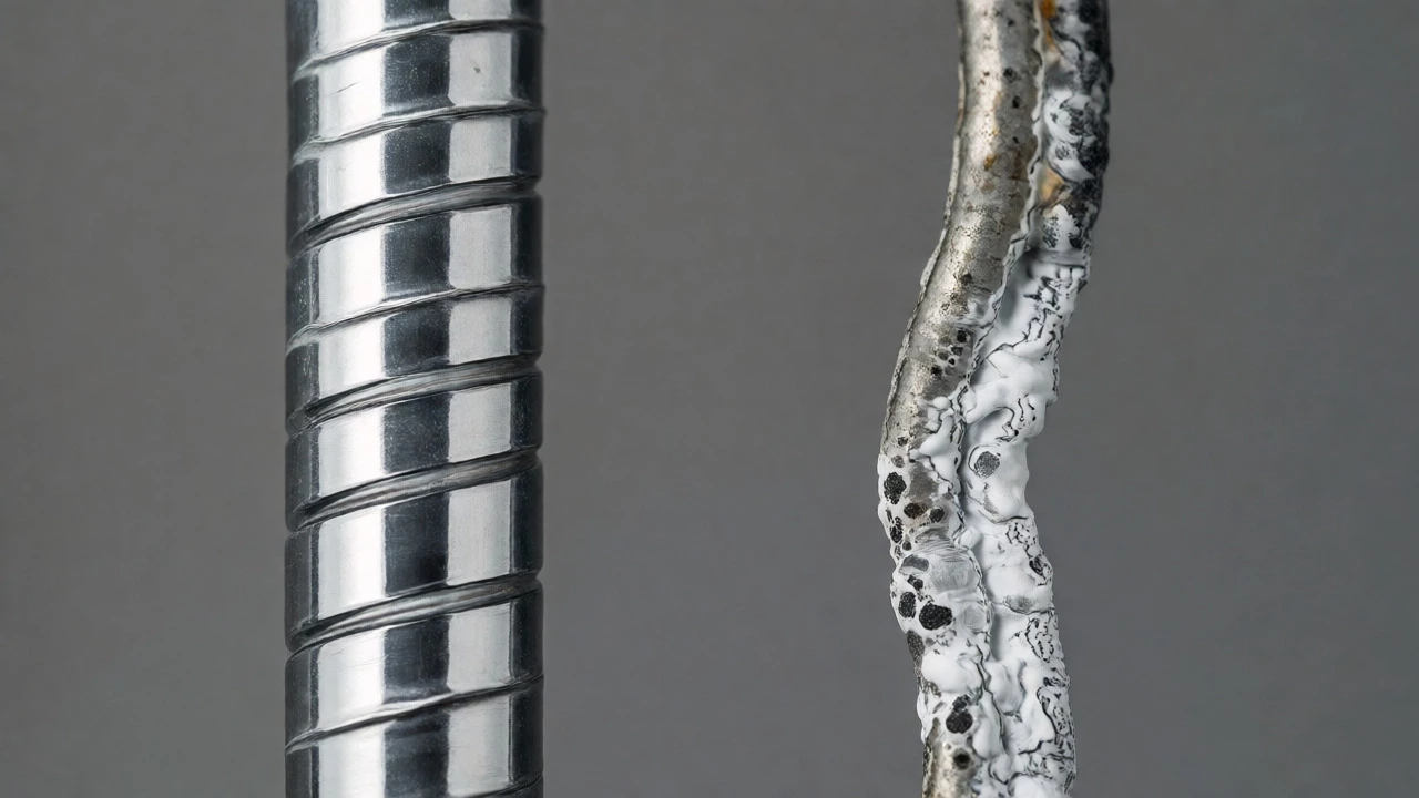 Comparison of a new magnesium anode rod next to a heavily corroded old one.